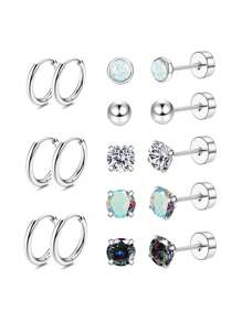 8 Pairs Of Medical Stainless Steel Earrings For Sensitive Ears, Small Opal Balls CZ Flat Back Stud Earrings, Hypoallergenic Hoop Earrings For Men And Women 20G Cartilage Earrings - Earring Set - View 8