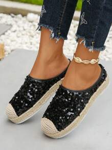 大码 36-42 欧美风格豹纹一脚蹬时尚水钻厚底乐福鞋 黑色 休闲装 春秋季 舒适厚底女士平底鞋 - 黑色 - 查看 3