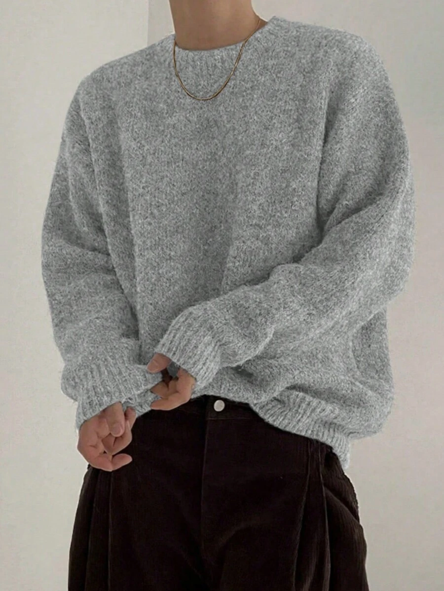 秋冬新款男士简约纯色休闲宽松圆领毛衣，圣诞节、新年服装 - 淺灰色 - 查看 1