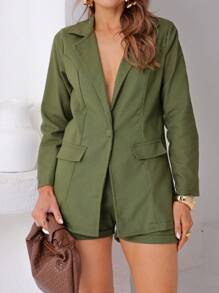Women's Elegant Blazer And Short Set - 軍綠色 - 查看 7