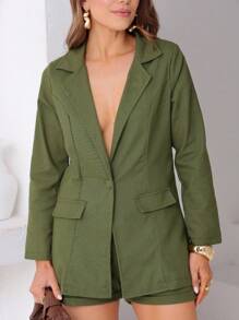 Women's Elegant Blazer And Short Set - 軍綠色 - 查看 3