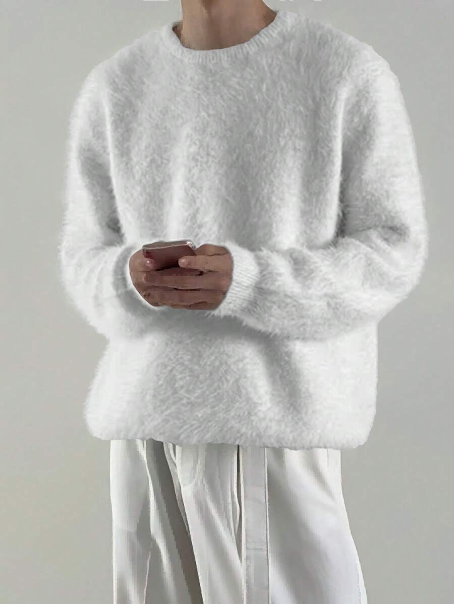 Áo len dệt kim cổ tròn rộng rãi thường ngày cho nam, ấm áp cho mùa thu/đông, phong cách Hàn Quốc/Nhật Bản - trắng - Xem 1