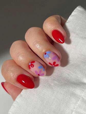 24 件短椭圆形花朵设计法式尖头按压指甲完美贴合设计亚克力假指甲套装，包含 1 件果冻胶和 1 件指甲锉，花朵指甲适合女士和女孩日常工作学习和派对使用美甲用品指甲