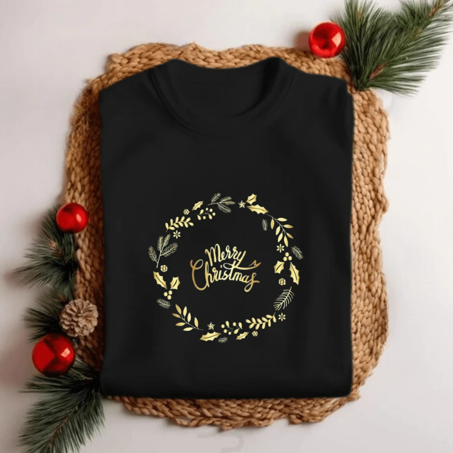 Unisex Christmas T-Shirt Merry Christmas Personalized Wreath Elegant Premium Fabric Print 11 - 黑色 - 查看 1