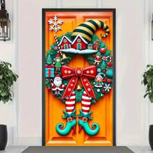 1 件圣诞门花环，带圣诞老人和蝴蝶结 - 聚酯纤维节日季节性装饰，适用于入口、房间 - 通用，无需电力 - 1個 - 查看 3