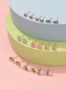 30 对可爱卡通印花耳环套装，包括月亮、蜜蜂、心形、五角星、独角兽、猫头鹰、菠萝、彩虹、棕榈树、草莓、狐狸，适合青少年 - 均碼 - 查看 2
