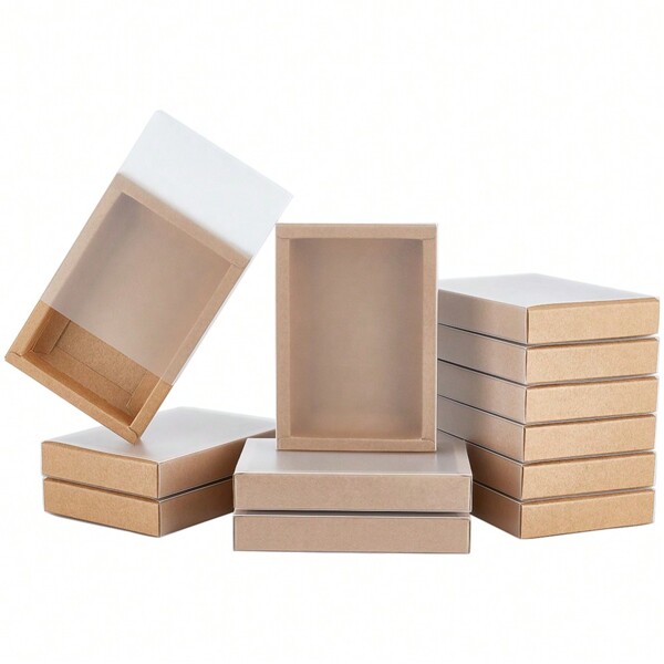 16PCS Kraft Gift Drawer Box With Translucent Plastic Lid Gift Drawer Box With PVC Frosted Window For Wedding Gift Box Jewellery Packaging 5.4x3.8x1inch,School Supplies,Back To School