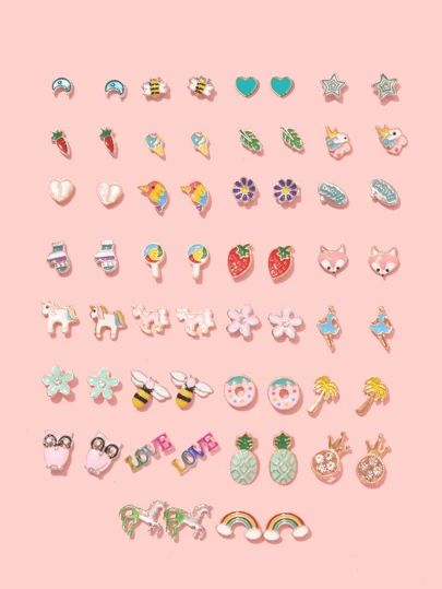 30 对可爱卡通印花耳环套装，包括月亮、蜜蜂、心形、五角星、独角兽、猫头鹰、菠萝、彩虹、棕榈树、草莓、狐狸，适合青少年