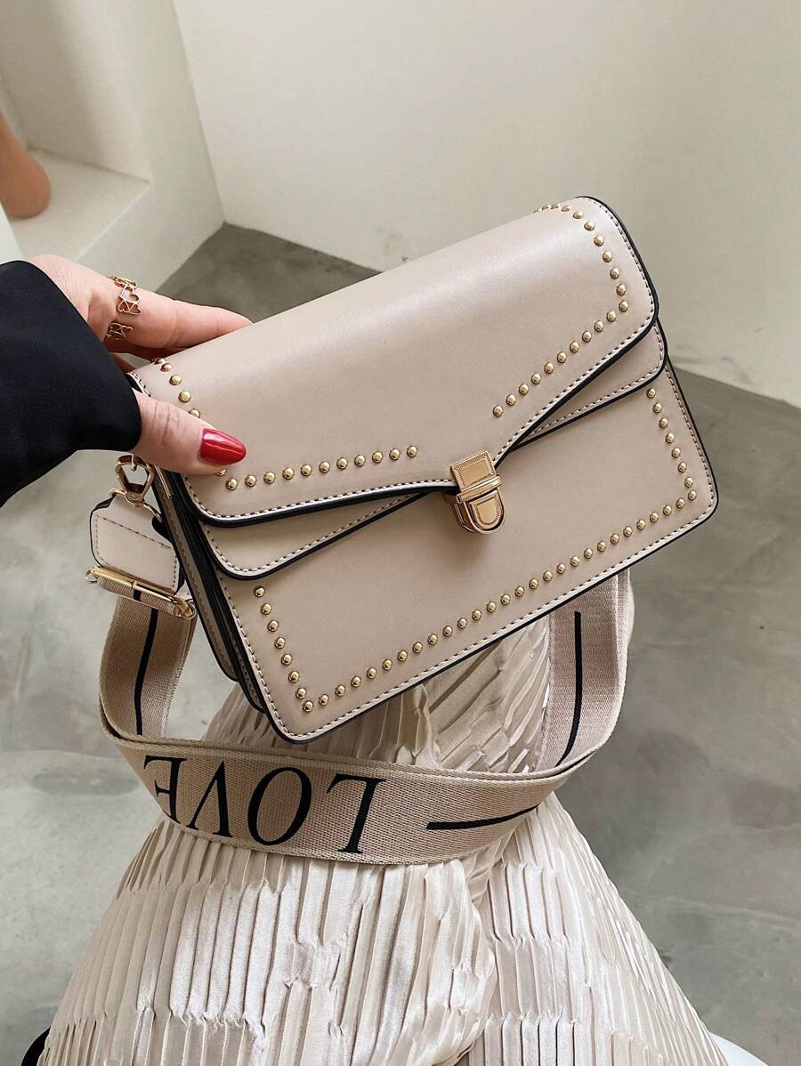 1 件装翻盖方形单肩包铆钉钱包时尚手提包带宽肩带女士 - 卡其色 - 查看 1