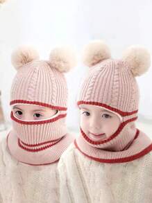 儿童冬季帽子 - 防风护耳针织纯色无檐小便帽，配有双绒球和保暖颈套围巾 - 雙球針織帽 - 查看 10