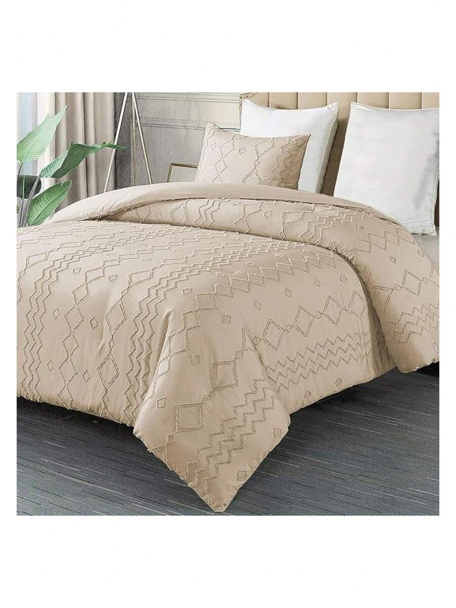 Single Duvet Cover Set Line Shape Duvet Cover Only With Button Closure, Including 1 Pillowcase, Bluelander. - Beige - View 1