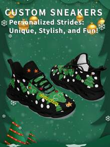Men's Christmas Custom Logo Custom Name Sneakers, Christmas Tree Designed Name Customization Lightweight Comfortable Soft Bottom Sneakers For Men, Gym Training Breathable Tennis Shoes Christmas Gift For Mom/Dad/Her/Him/Girlfriend/Boyfriend/Wife/Husband/Friend ﻿ - Black - View 3