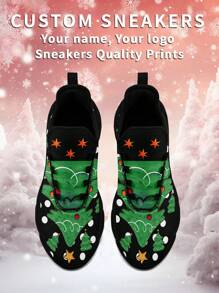 Men's Christmas Custom Logo Custom Name Sneakers, Christmas Tree Designed Name Customization Lightweight Comfortable Soft Bottom Sneakers For Men, Gym Training Breathable Tennis Shoes Christmas Gift For Mom/Dad/Her/Him/Girlfriend/Boyfriend/Wife/Husband/Friend ﻿ - Black - View 2