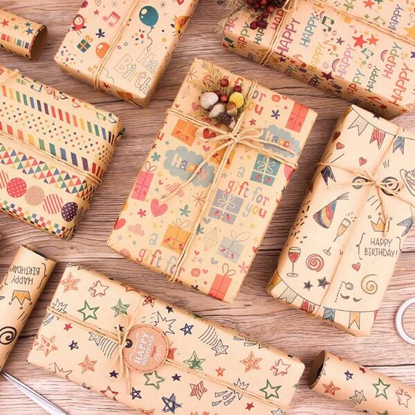 6 Sheets Of Christmas Wrapping Paper+2 Rope+1 Tape+1 Sticker - Christmas Gift Box Birthday Party Decoration Wrapping Paper Roll - Musical Note Kraft Paper Valentine's Day Birthday Gift Wrapping Holiday Gift Wrapping Paper