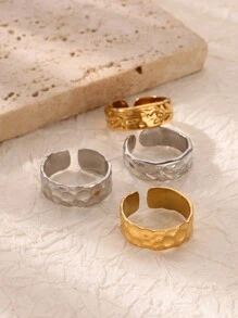 1PC Vintage Hammered Asymmetric Rings For Women Opening Gold Plated Stainless Steel Ring Fashionable Ladies Daily Jewelry Decoration