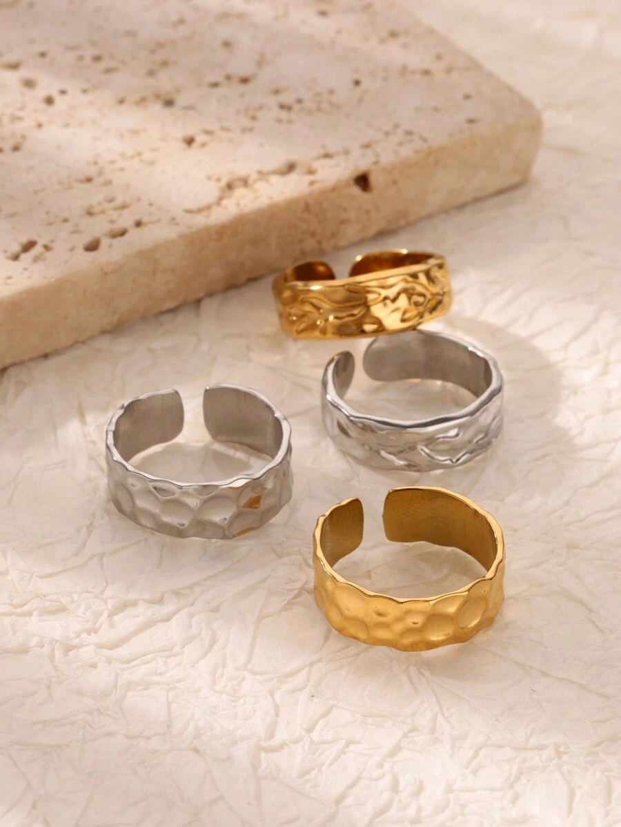 1PC Vintage Hammered Asymmetric Rings For Women Opening Gold Plated Stainless Steel Ring Fashionable Ladies Daily Jewelry Decoration