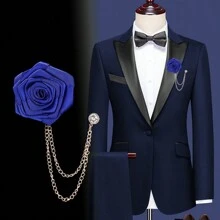 1 pieza Broche de flor de rosa con cadena colgante Broches de boda para hombres, Broche de rosa artificial roja/azul para mujeres y hombres, accesorios de ropa de boda para el novio