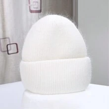 1pc Women's Rabbit Hair Knitted Warm Beanie, Double-Layer Folded Brim Pullover Hat, Solid Color, Versatile For Autumn/Winter