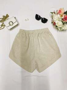 Women's Linen Shorts With Elastic Waistband And Pocket. - 自然的 - 查看 2