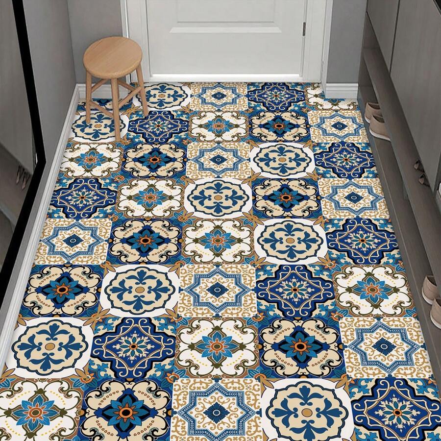 10pcs Floral Pattern Faux Ceramic Tile Wall Stickers, Moroccan Style PVC Self-Adhesive Removable Flat Wall Paper, Suitable For Home, Kitchen, Room, Wall, Floor Decor