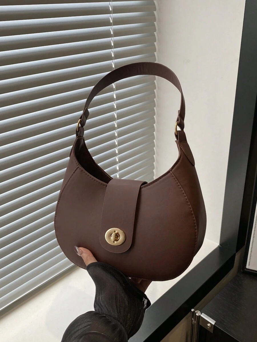 1 件拉链封口 PU 纯色腋下新月包，复古风格单肩包，百搭法棍包，适合女士商务休闲和工作场所 - 咖啡棕 - 查看 1