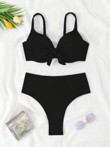 RWX VEST Ribbed Bikini Set With Tie Detail Top And High Waist XX518 - 黑色 - 查看 1