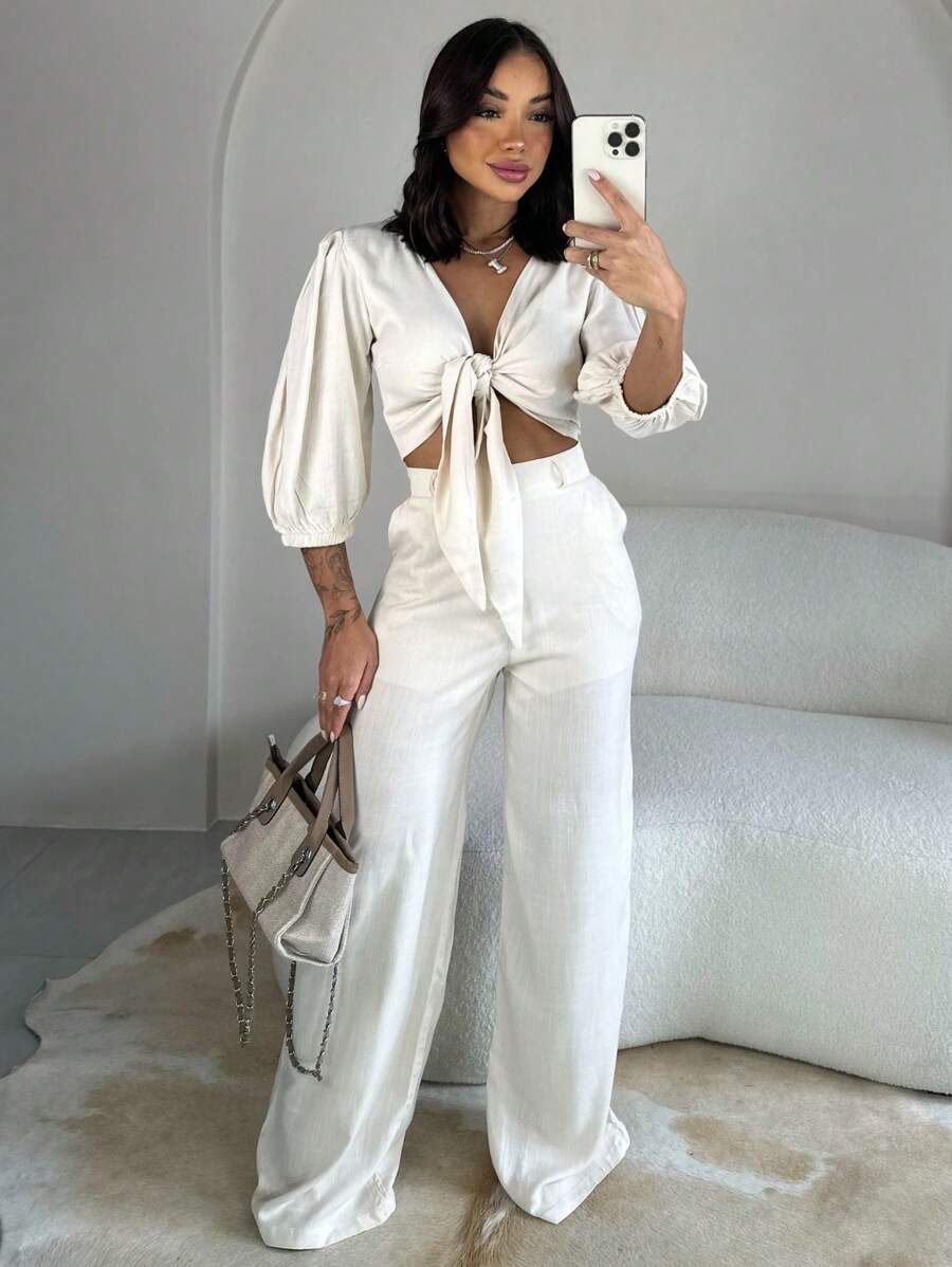 Top And Pants Set In Viscolinho - Beige - View 1