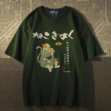 Women's Basic Cotton T-Shirt Cat Japanese - Verde - Ver 2
