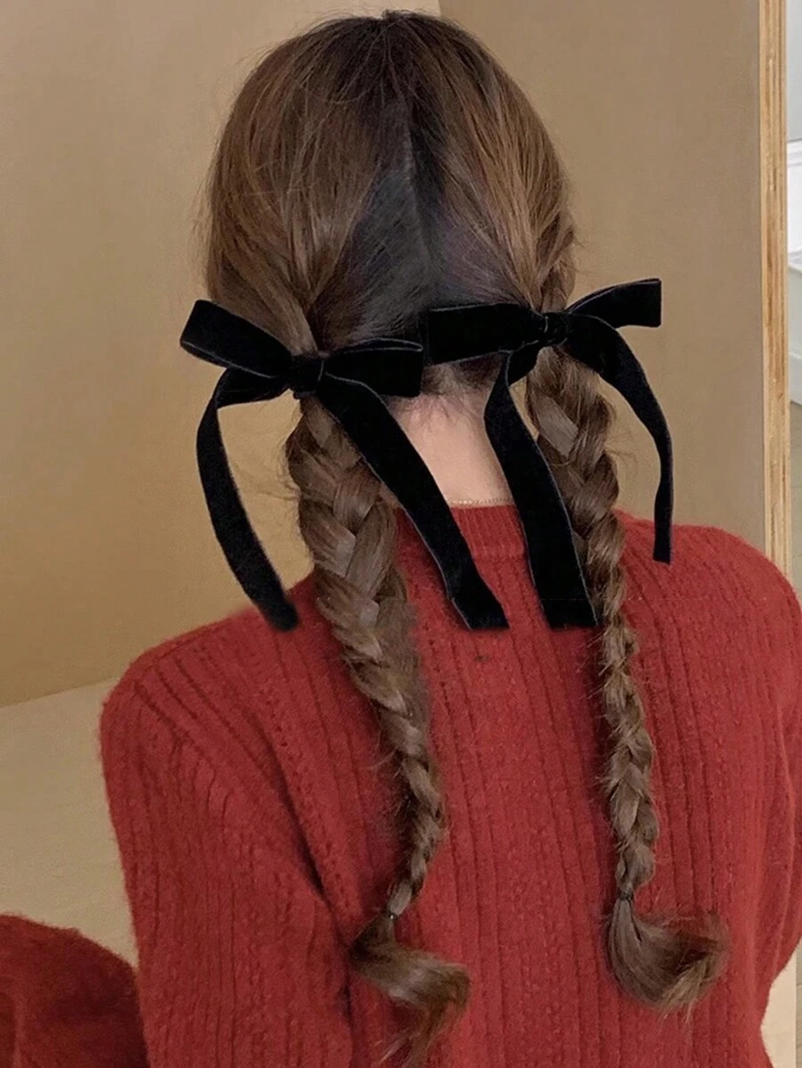 2pcs Sweet Girl's Black & Red Bow Fabric Hair Clips, Ballerina Style, Cute & Simple, Suitable For Everyday, Party, Festival Matching,Hair Accessories,Hair Barrettes Claw Clips - Black - View 1
