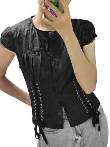 Women Y2K Lace Tops 1/4 Sleeve Round Neck Ruffle Buttons Party Casual Spring Summer Black Shirt - màu đen - Xem 2