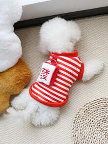 Áo len cardigan kẻ sọc thu đông có lớp lót giữ nhiệt, thiết kế hình mèo/chó may mắn dễ thương, có vòng xích, thích hợp cho thú cưng - Đỏ - Xem 8