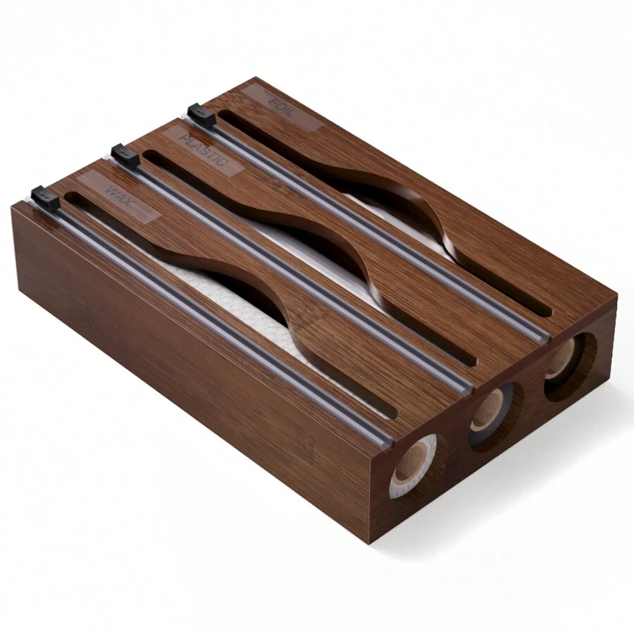 1pc Brown Bamboo Plastic Wrap Dispenser With Cutter, 3 In 1 Aluminum Foil Wax Paper Organizer, 33*21*7cm Kitchen Drawer Storage Box