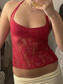 Women's Y2K Sexy Halter Tank Tops Slim Fit Lace See Through Backless Tie Up Sleeveless Vests Summer Going Out Crop Tops Streetwear Clubwear - 紅色 - 查看 1