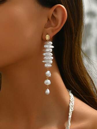 2pcs Elegant Bohemian Baroque Faux Pearl Irregular Tassel Layered Heart Stud Earrings, Assorted Designs Including Small Seashell, Suitable For Party, Daily Wear, Valentine's Day, Christmas, Thanksgiving, Mother's Day Gifts. Please Select The Desired Style Before Placing Your Order.