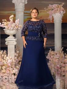 Faeriesty Faeriesty Mosy Plus-Size Round-Neck Long-Sleeve Lace Evening Gown With Sculpted Fish-Tail Skirt – Formal Wedding Guest Dress, Black-Tie Gala Attire, Opera Night Ensemble, Red-Carpet Eveningwear, Luxury Bridesmaid Gown