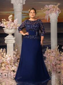 Faeriesty Faeriesty Mosy Plus-Size Round-Neck Long-Sleeve Lace Evening Gown With Sculpted Fish-Tail Skirt – Formal Wedding Guest Dress, Black-Tie Gala Attire, Opera Night Ensemble, Red-Carpet Eveningwear, Luxury Bridesmaid Gown