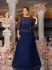 Faeriesty Faeriesty Mosy Plus-Size Round-Neck Long-Sleeve Lace Evening Gown With Sculpted Fish-Tail Skirt – Formal Wedding Guest Dress, Black-Tie Gala Attire, Opera Night Ensemble, Red-Carpet Eveningwear, Luxury Bridesmaid Gown