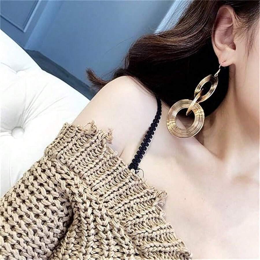 1 件女式镀金长款几何多层吊坠耳环，派对佩戴 - 彩色 - 查看 1