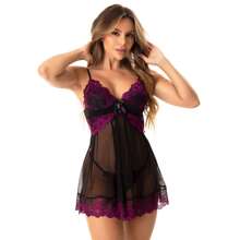 Two-Tone Nightgown With Comfort Bodice, Lace And Tulle, Adjustable Panties - màu đen - Xem 2