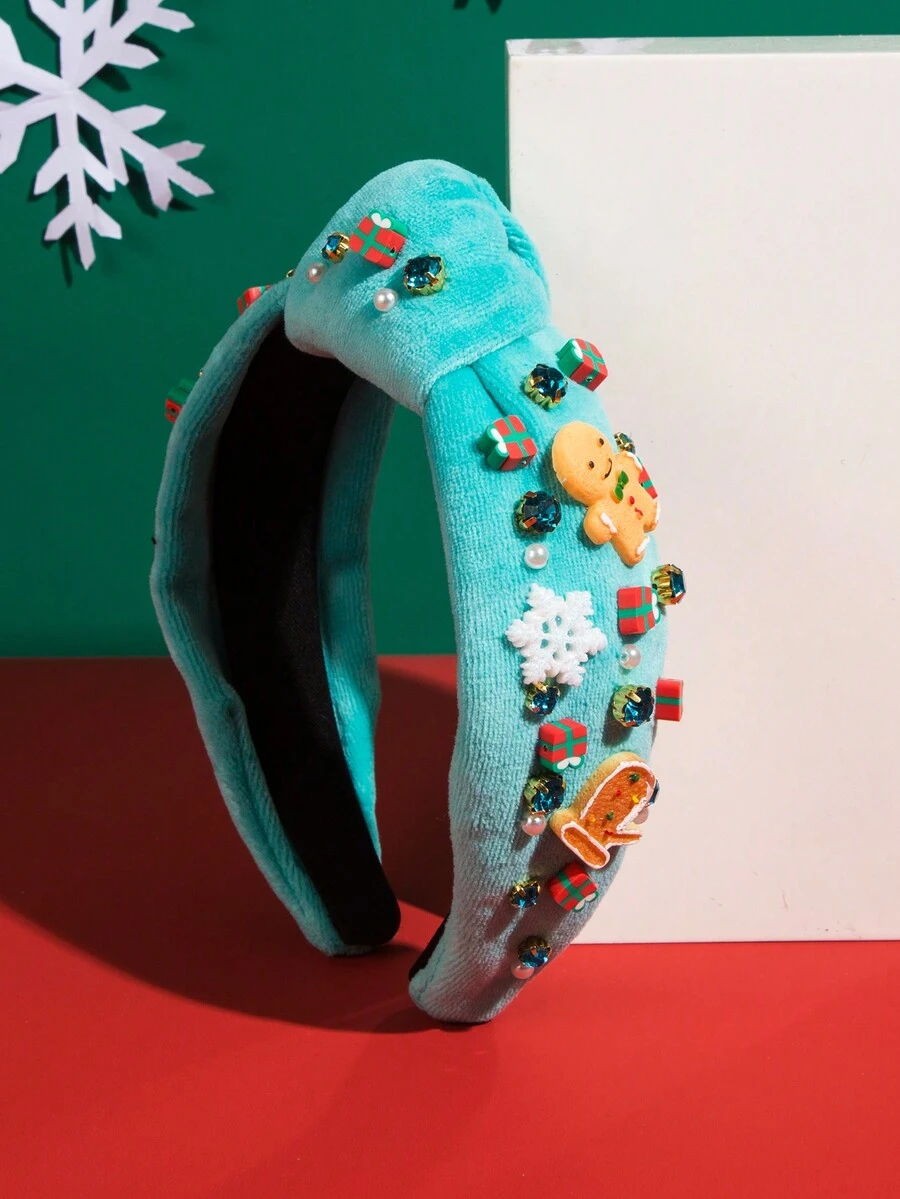 1 Băng đô Giáng sinh bằng vải nhung, bông tuyết đính đá, cây thông Noel, thiết kế người đàn ông bánh gừng, phụ kiện tóc lạ mắt trang trí ngày lễ - Màu xanh lam - Xem 1