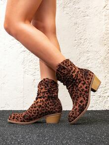 Giày bốt cổ ngắn nữ họa tiết da báo màu nâu Giày bốt Chelsea, Giày bốt ngắn phổ biến Giày bốt cổ ngắn ấm áp thời trang mùa đông Giày bốt ngắn phong cách hiệp sĩ mới Trang trí khóa kim loại Giày bốt ngắn khóa kéo màu nâu Gót to giả vân gỗ tối giản - Nhiều màu - Xem 2