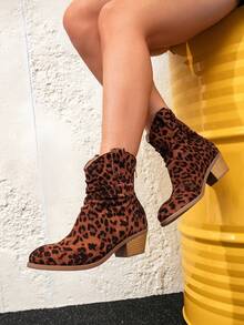 Giày bốt cổ ngắn nữ họa tiết da báo màu nâu Giày bốt Chelsea, Giày bốt ngắn phổ biến Giày bốt cổ ngắn ấm áp thời trang mùa đông Giày bốt ngắn phong cách hiệp sĩ mới Trang trí khóa kim loại Giày bốt ngắn khóa kéo màu nâu Gót to giả vân gỗ tối giản - Nhiều màu - Xem 1