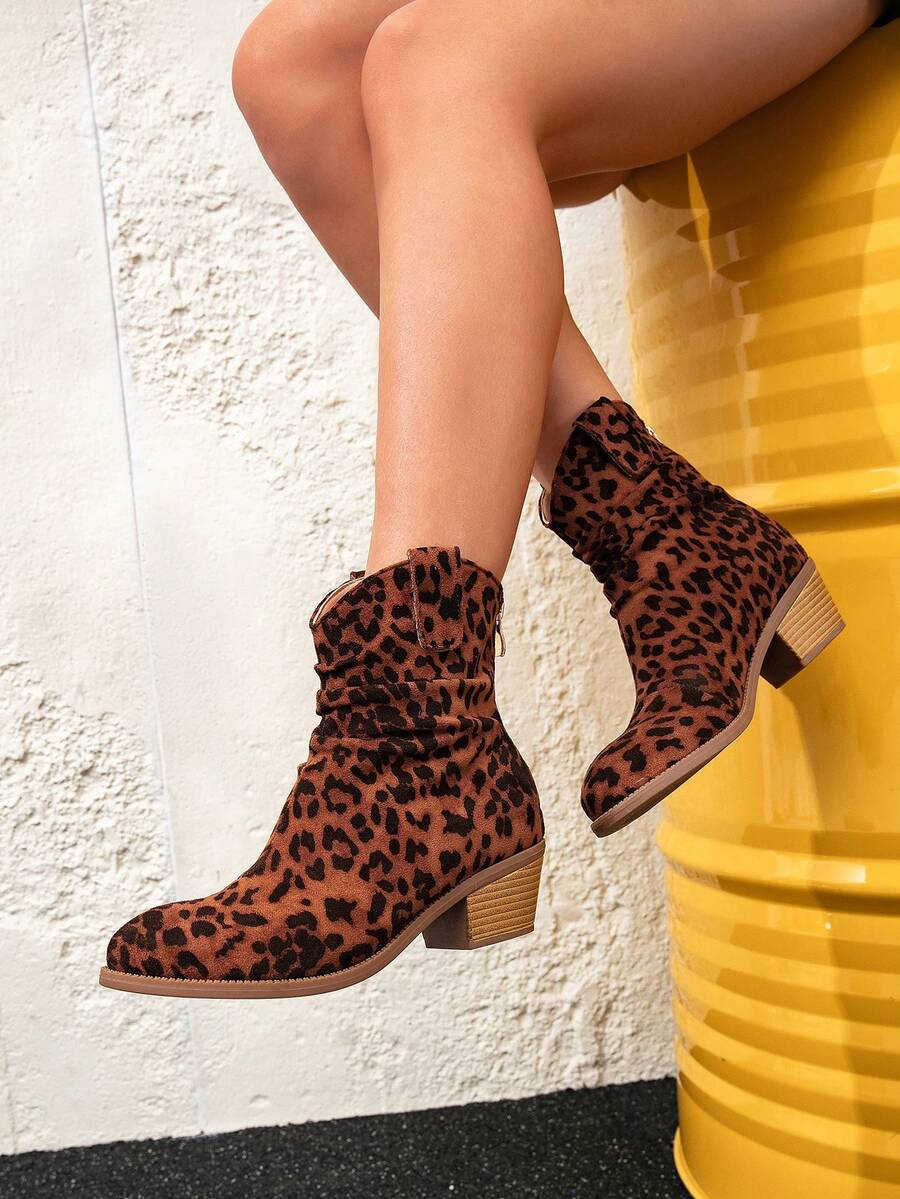 Giày bốt cổ ngắn nữ họa tiết da báo màu nâu Giày bốt Chelsea, Giày bốt ngắn phổ biến Giày bốt cổ ngắn ấm áp thời trang mùa đông Giày bốt ngắn phong cách hiệp sĩ mới Trang trí khóa kim loại Giày bốt ngắn khóa kéo màu nâu Gót to giả vân gỗ tối giản - Nhiều màu - Xem 1