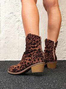 Giày bốt cổ ngắn nữ họa tiết da báo màu nâu Giày bốt Chelsea, Giày bốt ngắn phổ biến Giày bốt cổ ngắn ấm áp thời trang mùa đông Giày bốt ngắn phong cách hiệp sĩ mới Trang trí khóa kim loại Giày bốt ngắn khóa kéo màu nâu Gót to giả vân gỗ tối giản - Nhiều màu - Xem 3