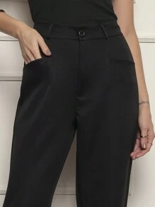 Women's Straight Trousers With Front Pocket And Fake Back Pocket - Tailoring Fabric - màu đen - Xem 2