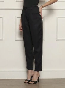 Women's Straight Trousers With Front Pocket And Fake Back Pocket - Tailoring Fabric - màu đen - Xem 3