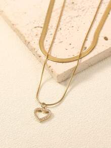 Nooxian 2 件不锈钢刀片吊坠项链，带方形铜框，微镶嵌锆石，双层心形吊坠项链 - 金黃色 - 查看 3