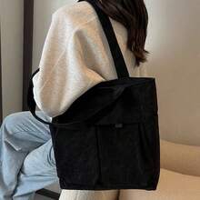 女士多口袋手提包，大容量购物单肩包，复古灯芯绒材质，手提包和斜挎包，适合学生、办公室工作 - 黑色 - 查看 3