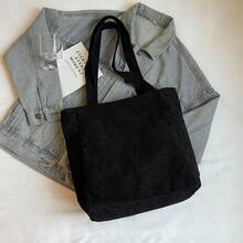 女士多口袋手提包，大容量购物单肩包，复古灯芯绒材质，手提包和斜挎包，适合学生、办公室工作 - 黑色 - 查看 7