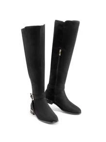 Women 2024 New Knee-High Boots With Metal Buckle Decor Side Zipper Closure, Versatile High Shaft Riding Boots With Round Toe And Chunky Heel For Autumn/Winter - 黑色絨面革 - 查看 4
